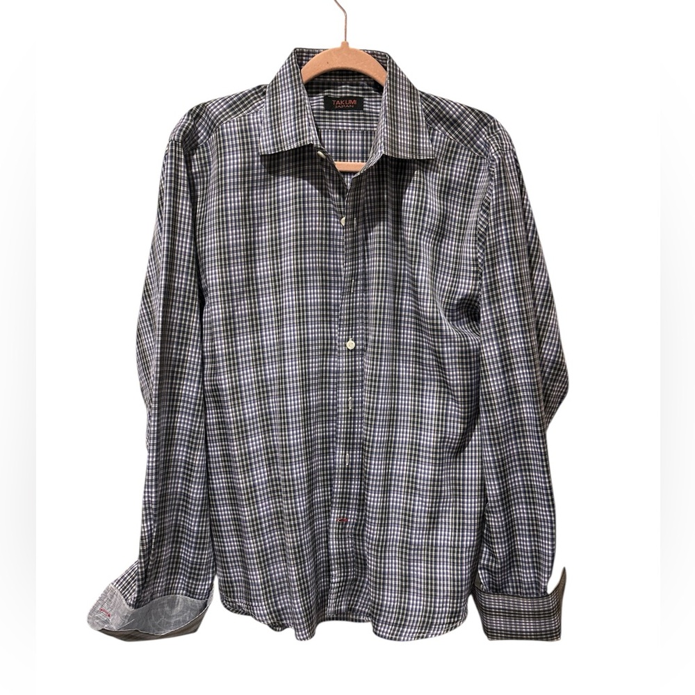 Takumi Black White Blue Casual Button Down Shirt with Plaid Design Flip Cuffs